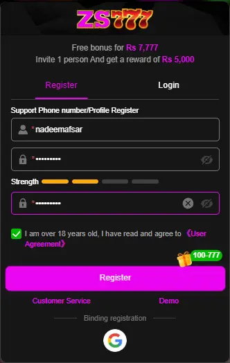Zs777 game register image